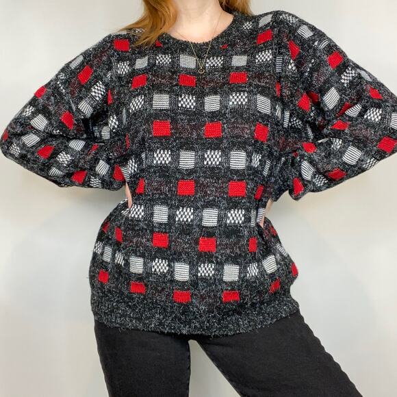 Vintage New Era Large Red & Gray Checkered Crewneck Dad/Grandpa Sweater - Picture 6 of 10